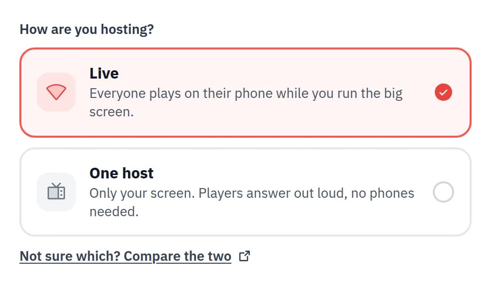 How are you hosting? choice with Live selected above One host, and a link to compare the two