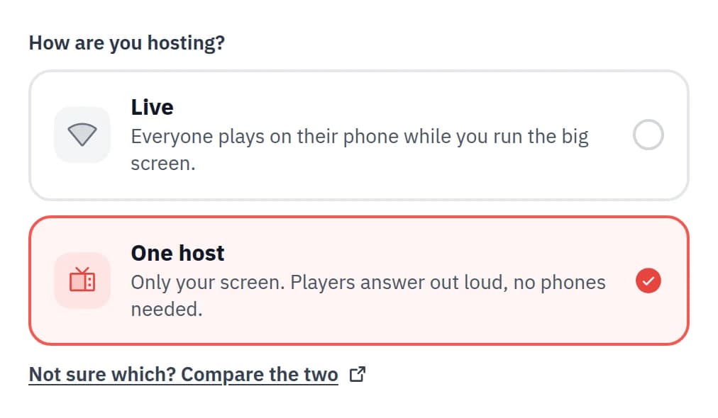 How are you hosting? choice with One host selected below Live, and a link to compare the two